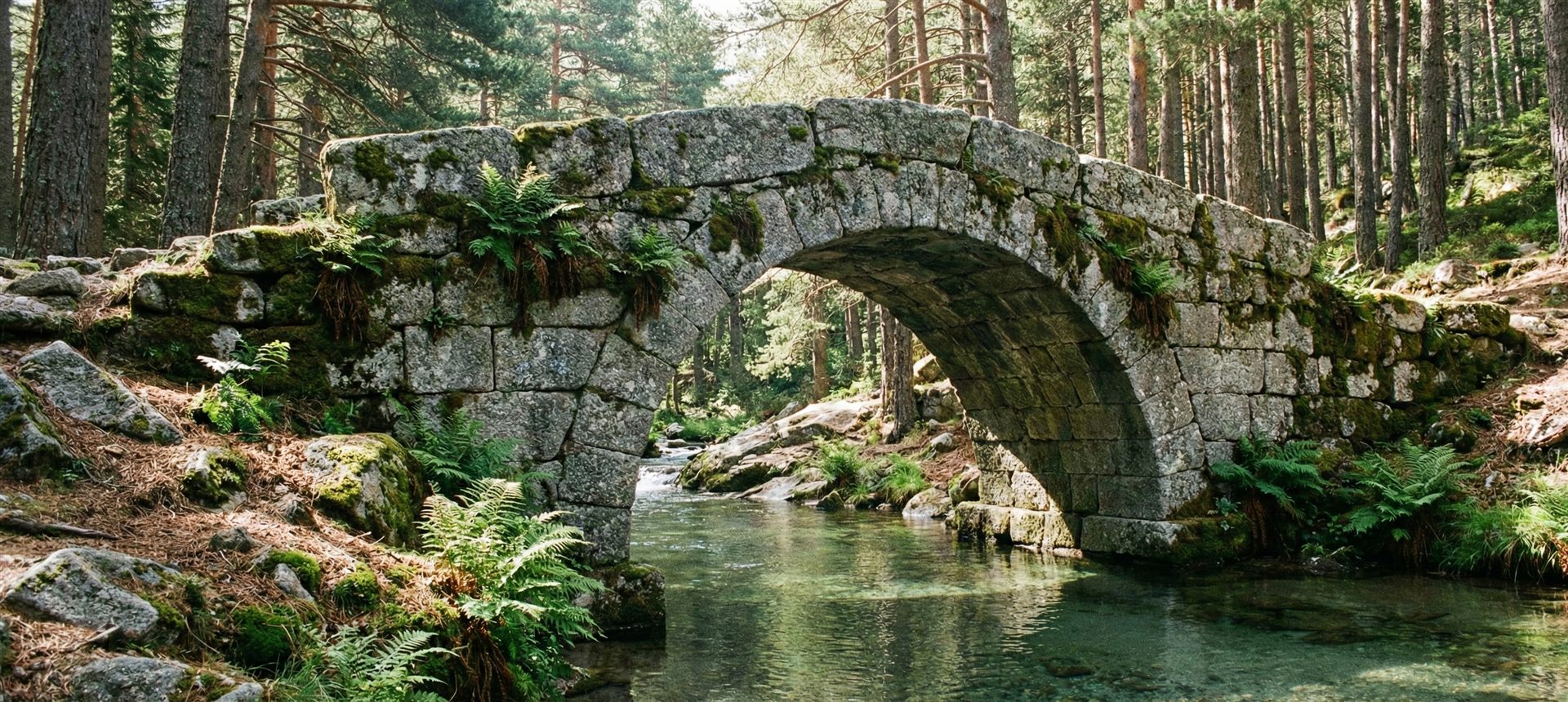 Old stone bridge across a forest stream