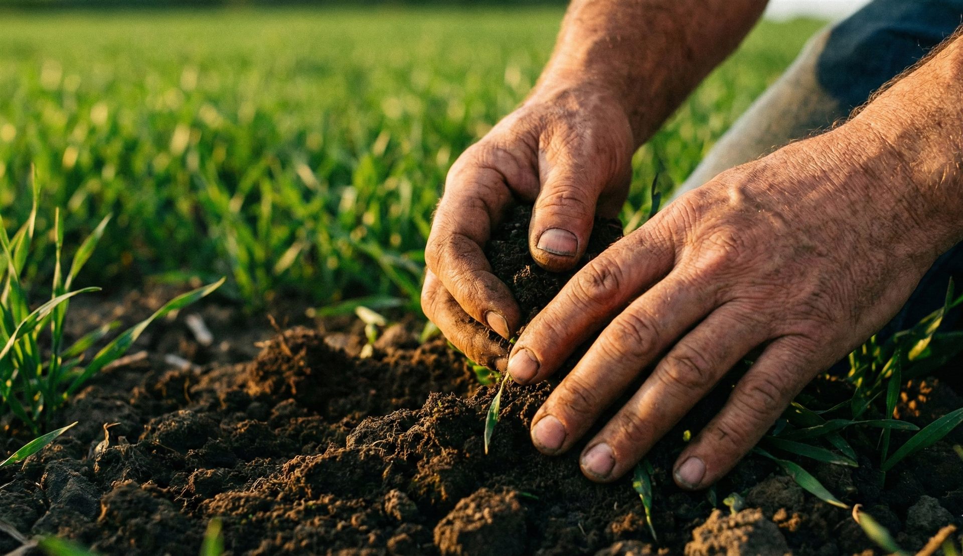 Hands tending young growth in fertile soil