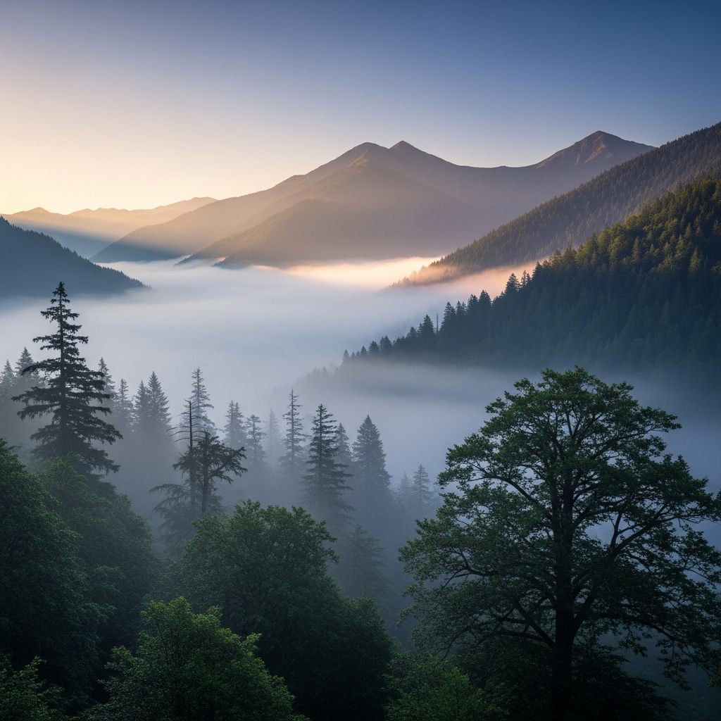 Misty mountain range at dawn